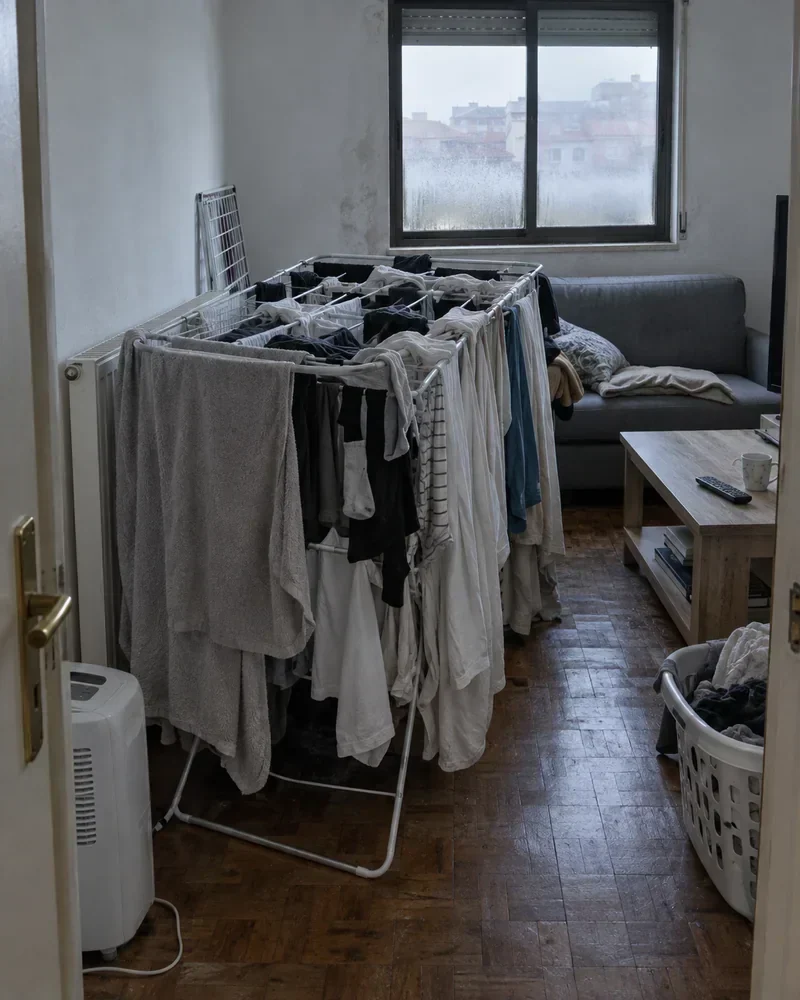 Estendal aberto no meio da sala, com a roupa ainda húmida pendurada que não seca